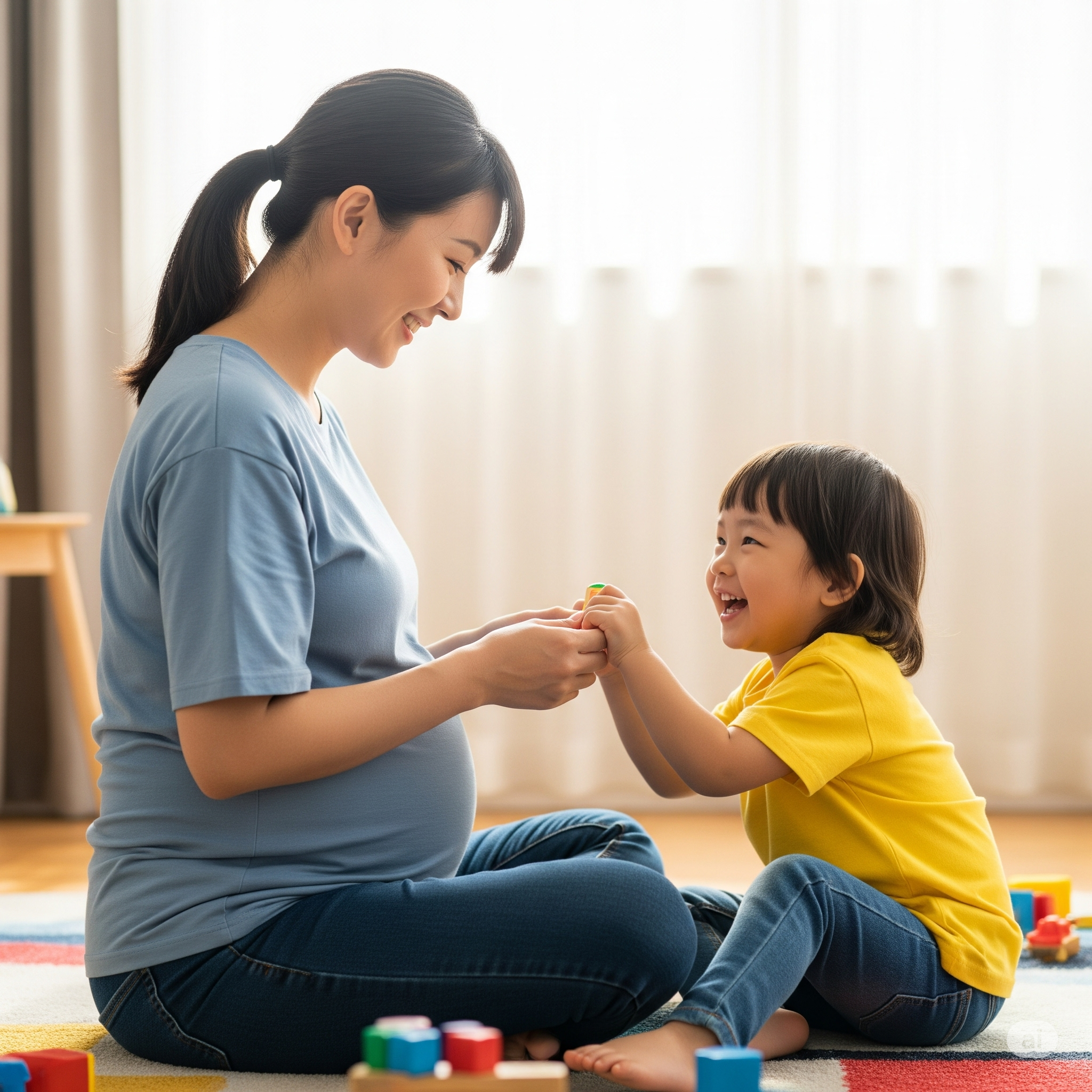 Une femme enceinte avec son enfant qui s'amuse