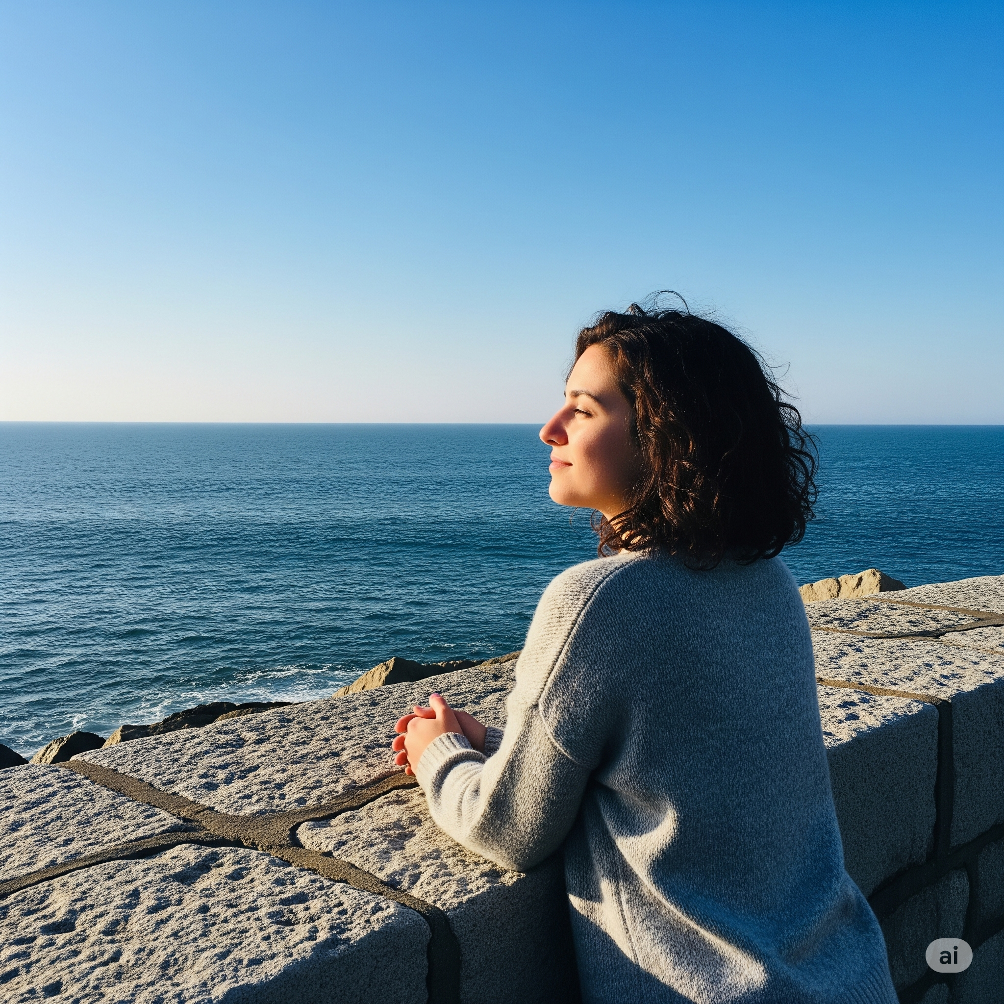 Une femme accoudé qui regarde la mer